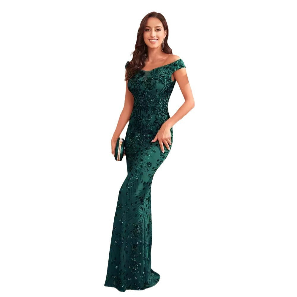 Green Sequined  High Waist Fishtail Long Evening Dress